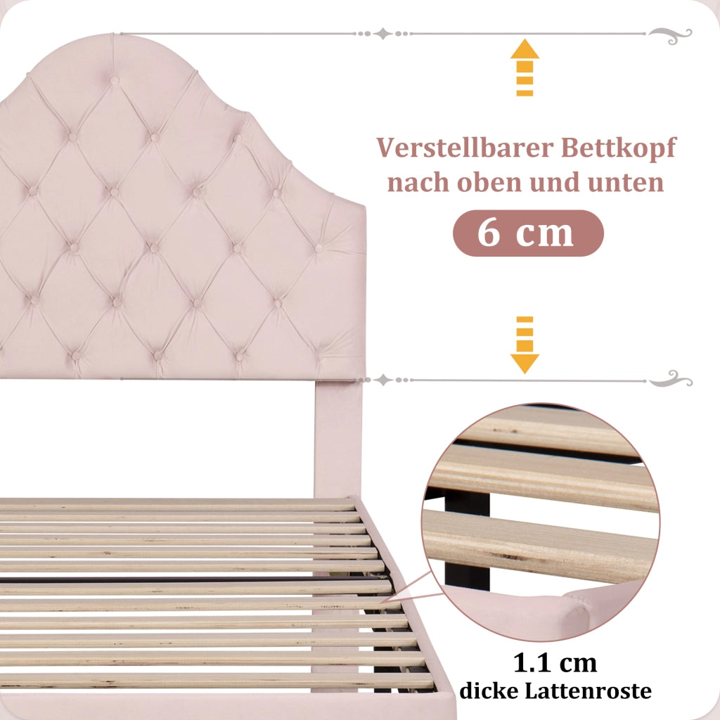Letto Singolo 90x200 cm con Testiera Regolabile e Rete a Doghe in Velluto Rosa