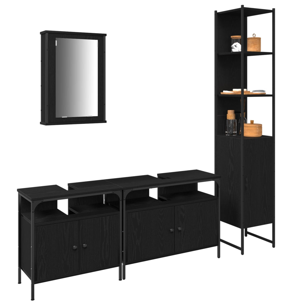 Set di Mobili per Bagno in 4 Pezzi Rovere Nero Legno Ingegnerizzato