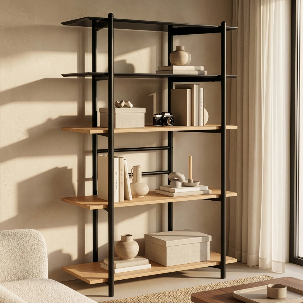 Libreria Kappespoo Scaffale da Terra a 5 Ripiani 124 x 80 x 35 cm - Nero/Effetto Rovere [en.casa]