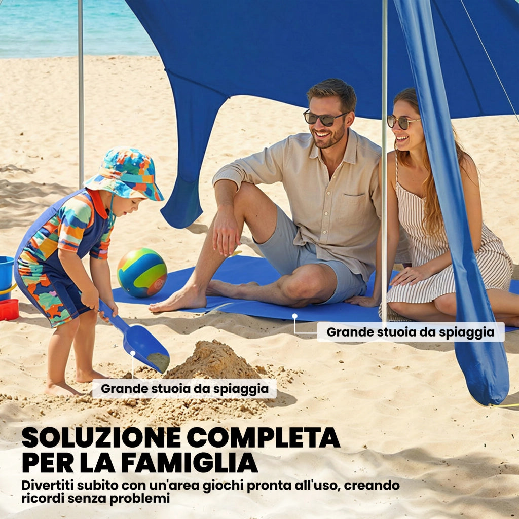 Tenda Spiaggia 2-4 Persone Tappetino Pala Protezione Solare UPF50+ Blu
