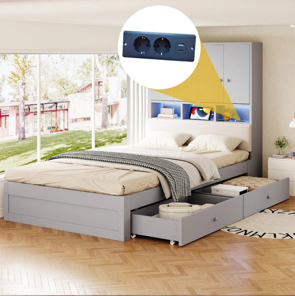Letto singolo 90x200 cm con contenitore, LED e presa