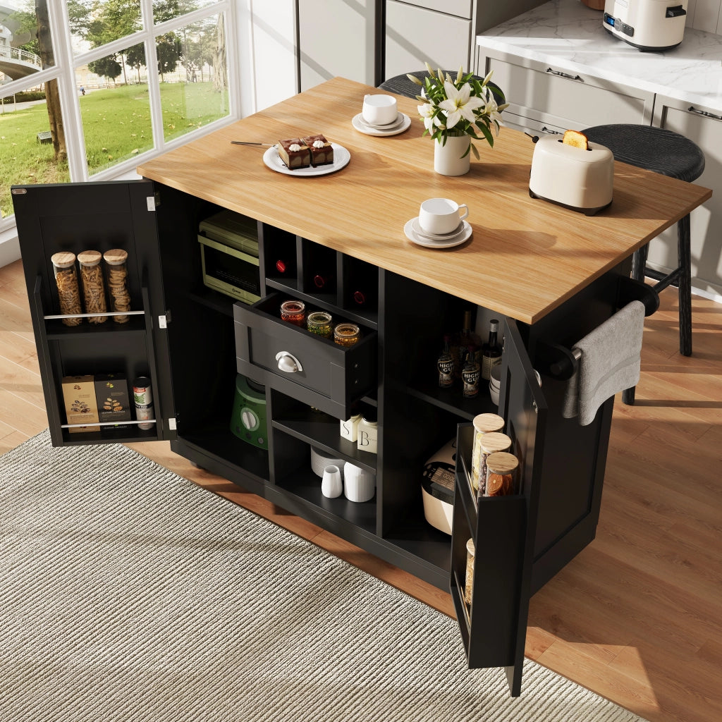 OKWISH Carrello da Cucina con 2 Ante e 1 Cassetto, Portaasciugamani, Portabottiglie e Ruote, per Cucina, Nero