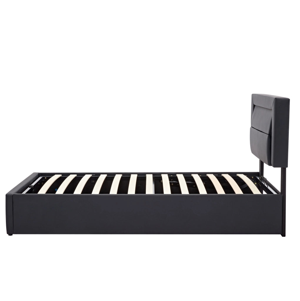 Letto imbottito 90x190 cm in PU nero con USB; LED; contenitore e rete a doghe