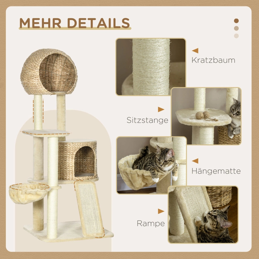 Tiragraffi per gatti beige con amaca, casetta e rampe