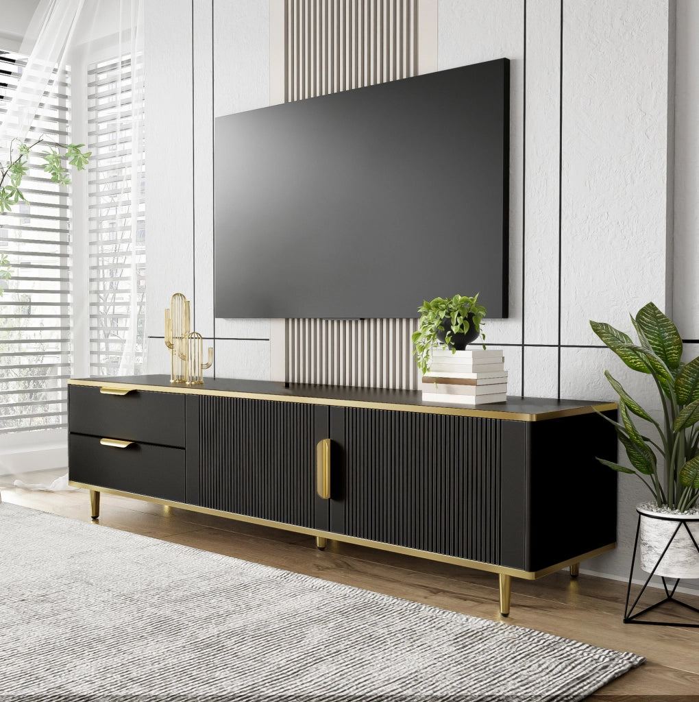 Mobile TV 170x45x37 cm con 2 cassetti e 2 ante in MDF e truciolare; nero e oro