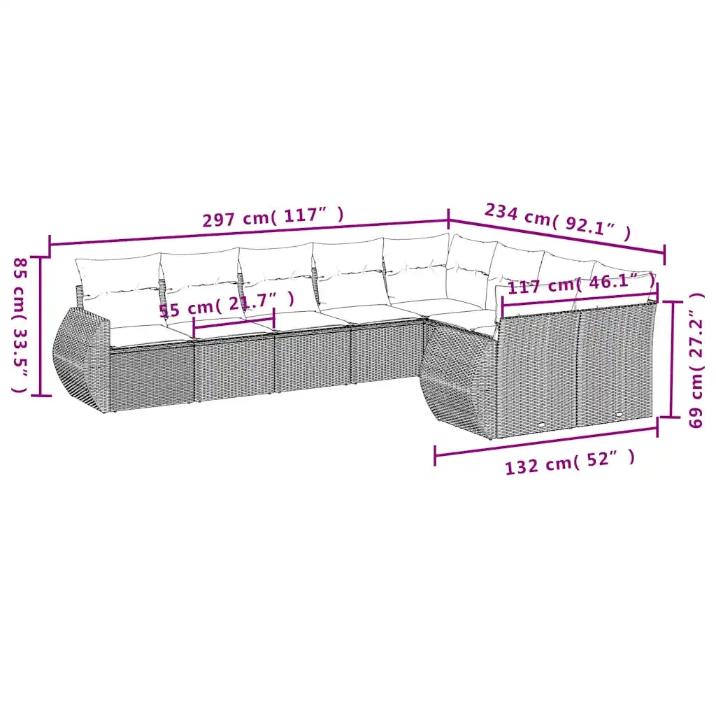 Set Divani da Giardino 9pz con Cuscini Marrone in Polyrattan