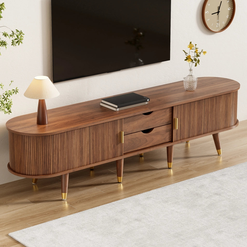 Mobile TV con Anta Scorrevole in Rattan; 2 Cassetti e Vani Aperti; Stile Country; in MDF; 175??38??45 cm; Noce