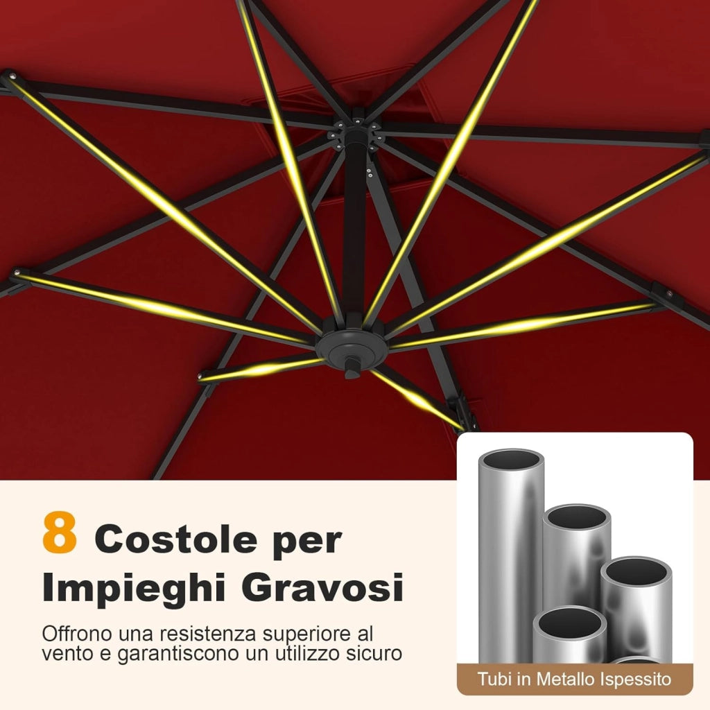 Ombrellone da Giardino 245 cm con Base, Ombrellone da Esterno Rotante a 360°, 5 Posizioni di Inclinazione Regolabili, 8 Stecche, Manovella, Palo in Alluminio, per Giardino Patio (Rosso)