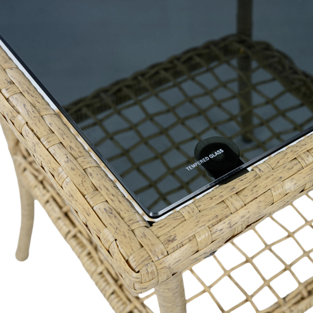 Salotto da Giardino con 2 Poltrone a Dondolo e 1 Tavolino in Vetro; per Balcone e Terrazza; Rattan; Tessuto Impermeabile e Metallo; Beige