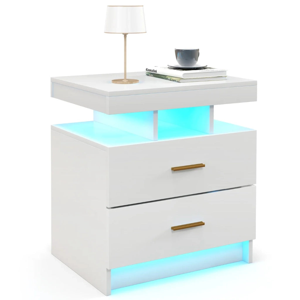 Comodino con luci LED 50 x 40 x 58 cm pratico contenitore moderno atmosfera accogliente legno ingegnerizzato bianco 20_0020020