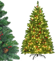 Albero di Natale 135/195 cm, Albero di Natale con 300/450 Luci Incorporate Bianco Caldo, 516/1100 Rami, 32/56 Pigne e 32/56 Bacche Rosse e Base in Metallo, Verde (135cm)