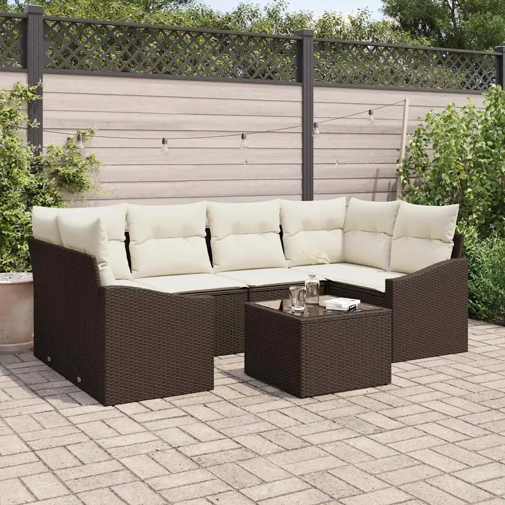 Set di divani con cuscino 7 pcs Marrone e Crema polyrattan