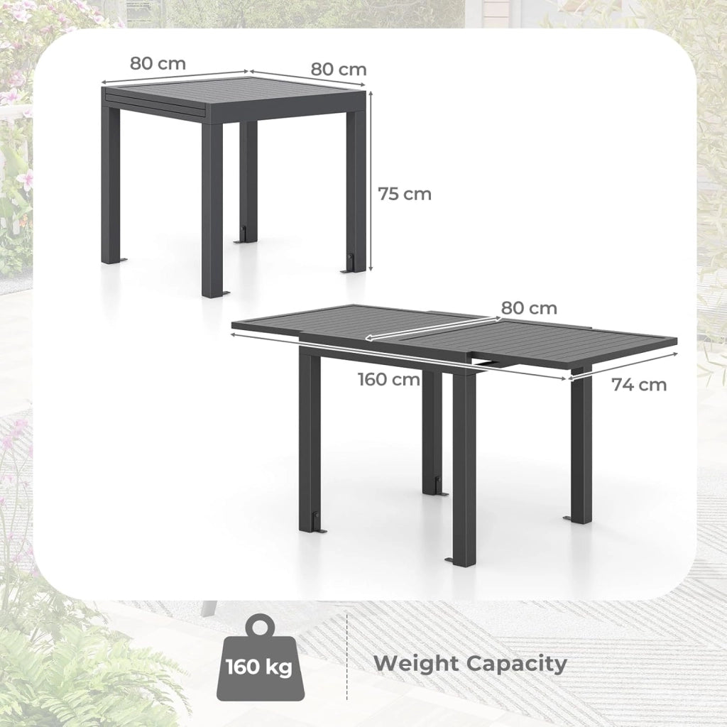 Tavolo da Giardino Allungabile per 4-6 Persone, Tavolo da Pranzo Regolabile da 80 a 160cm Resistente alle Intemperie in Alluminio, Tavolo da Esterno Rettangolare (Grigio Scuro)