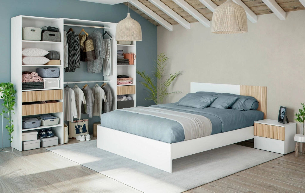 Testiera letto Armony, Testata letto con 2 comodini, Set per camera da letto, 266x34h89 cm, Bianco e Rovere