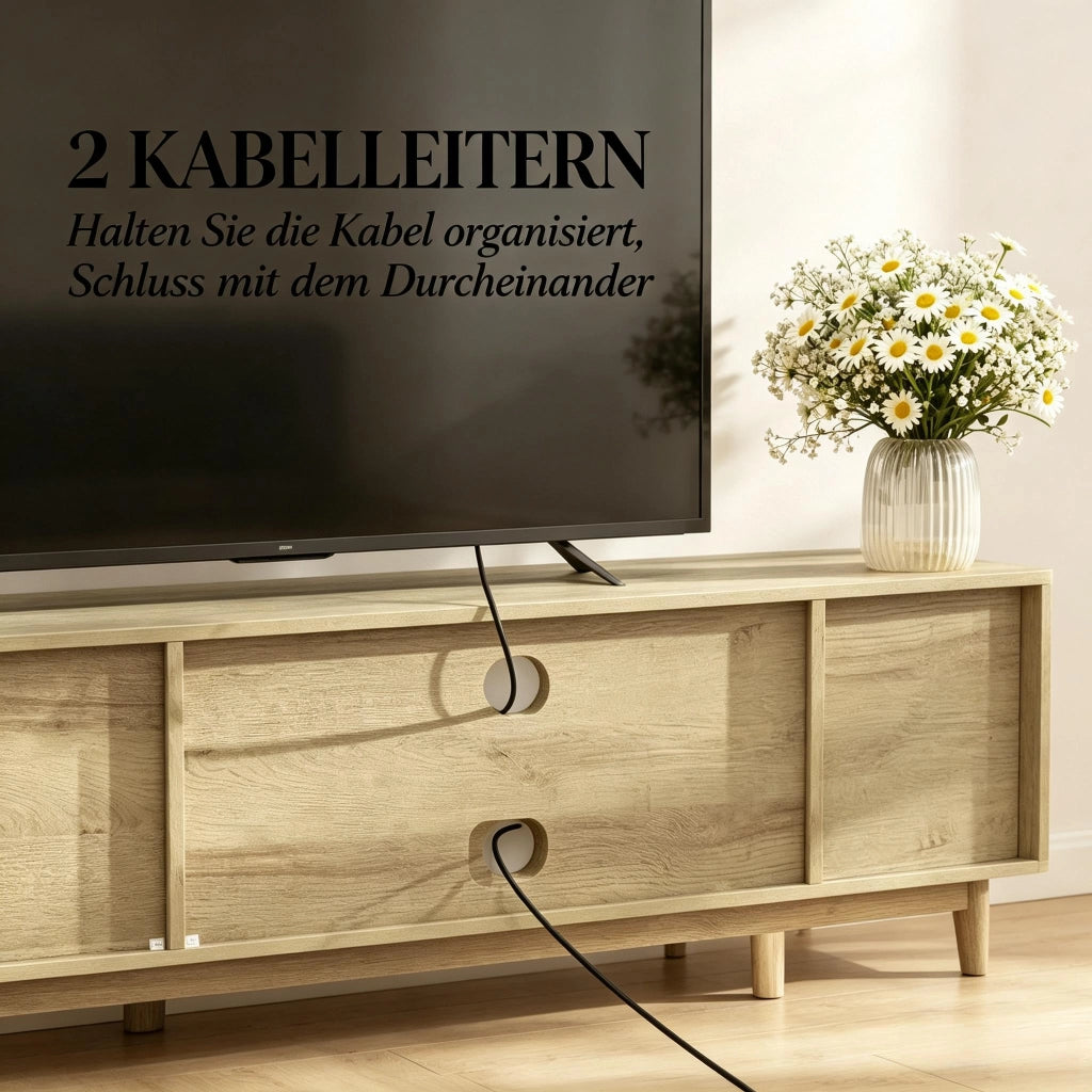 Mobile porta TV con vani aperti e ante laterali in truciolato rattan e pino per soggiorno rovere 135 × 39 × 45 cm