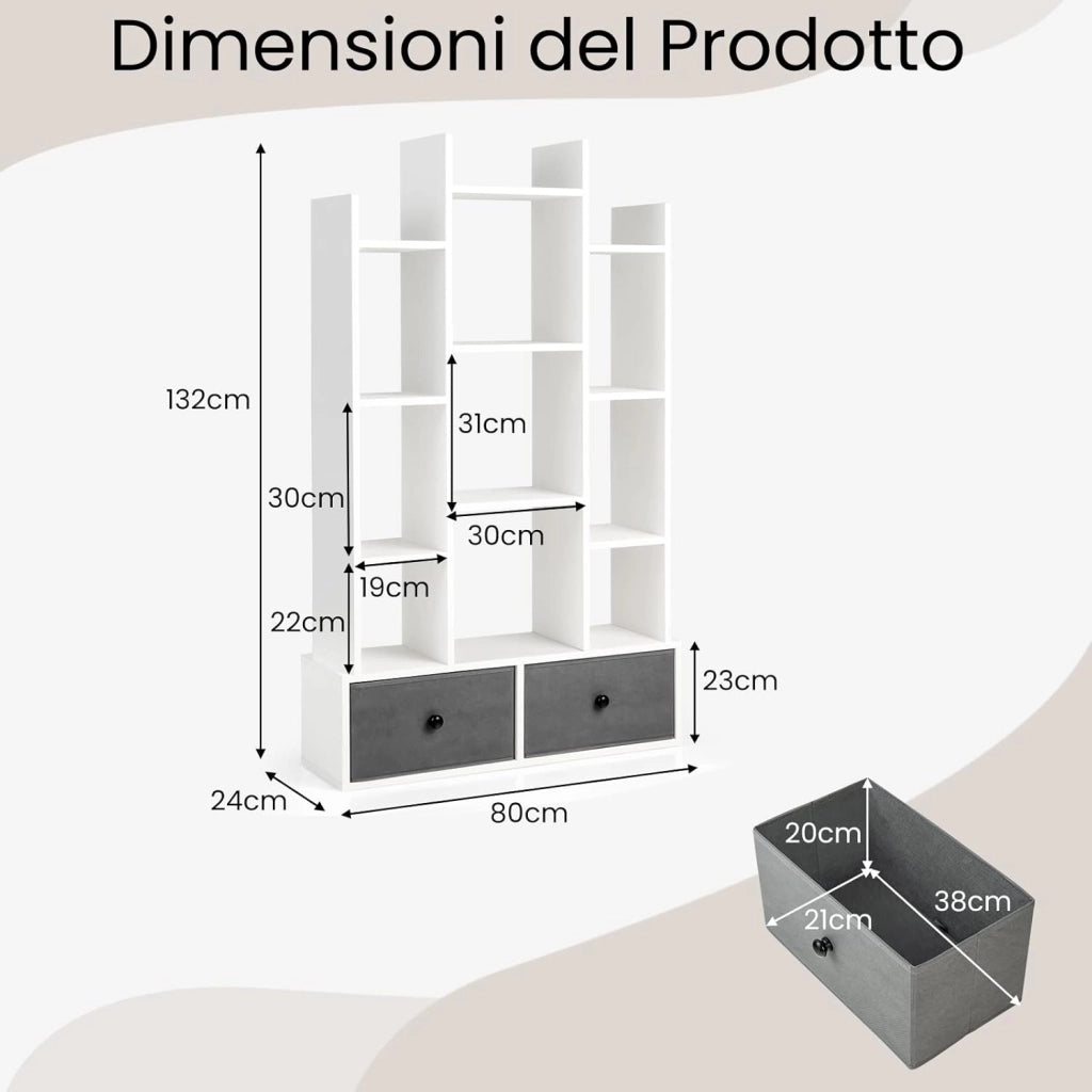 Libreria in Legno a 12 Piani, Scaffale Multifunzionale con 2 Cassetti e 12 Scomparti, Scaffale Espositivo per Soggiorno Studio Ufficio, 80x24x132 cm (Bianco, 2 cassetti)