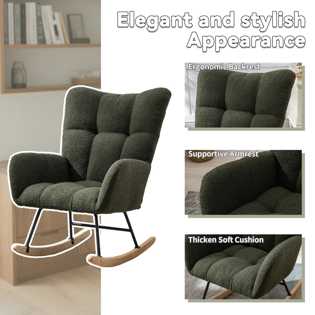 Sedia a dondolo in tessuto teddy con design ergonomico, braccioli e base in legno massello verde scuro