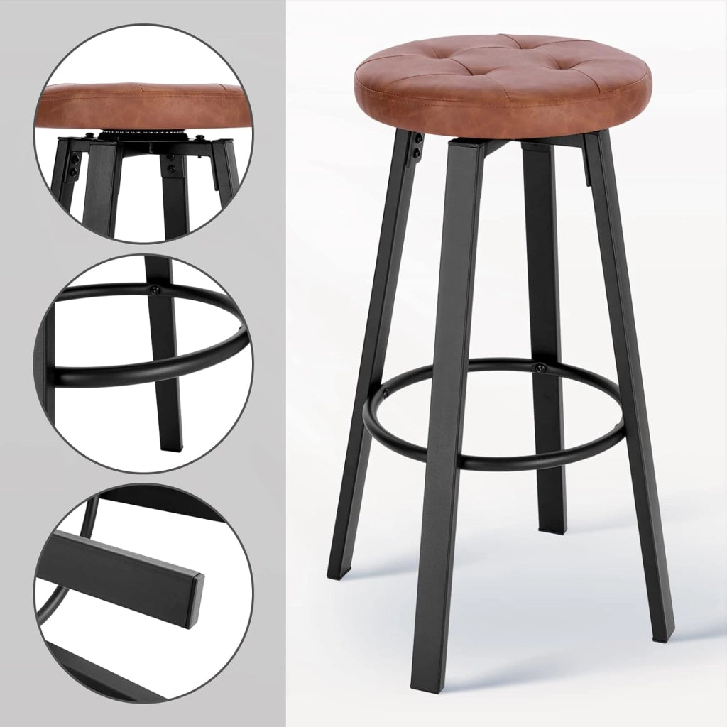 Set di 4 Sgabelli da Bar con 4 Gambe e Poggiapiedi, Sedie Alte da Cucina in Metallo e PU, con Seduta Rotonda Φ 35,5cm, Carico di 120kg, Marrone, BH330br-4
