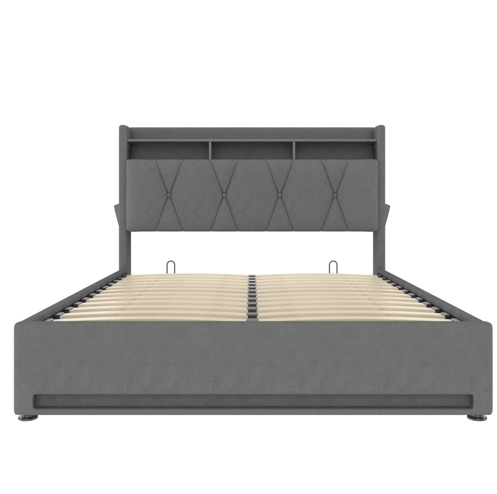 Letto imbottito 140x200 cm con LED, USB-C e vano contenitore