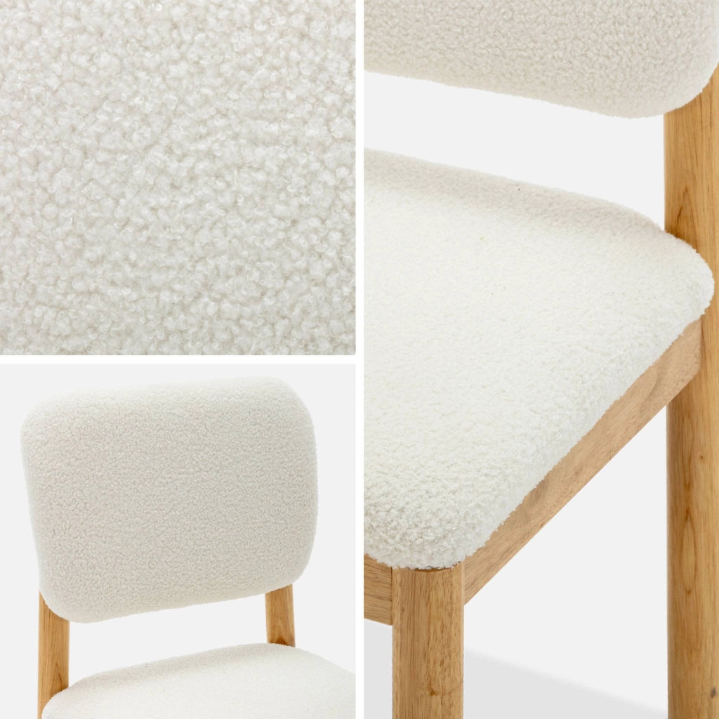 Set di 2 sedie imbottite in legno di hevea e bouclé, bianco