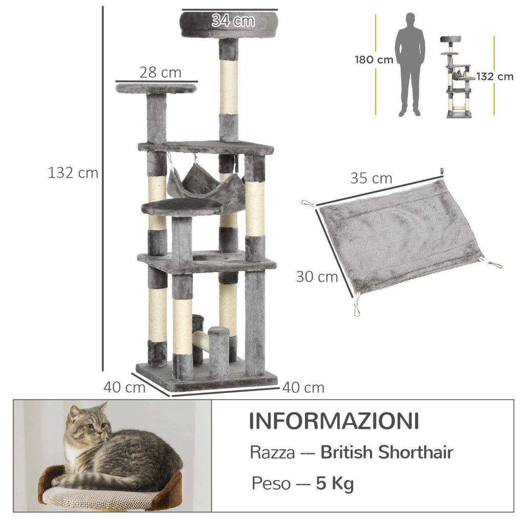 Albero Tiragraffi per Gatti 4 Livelli con Amaca e Piattaforme ¨C zephmum ¨C Grigio 132cm