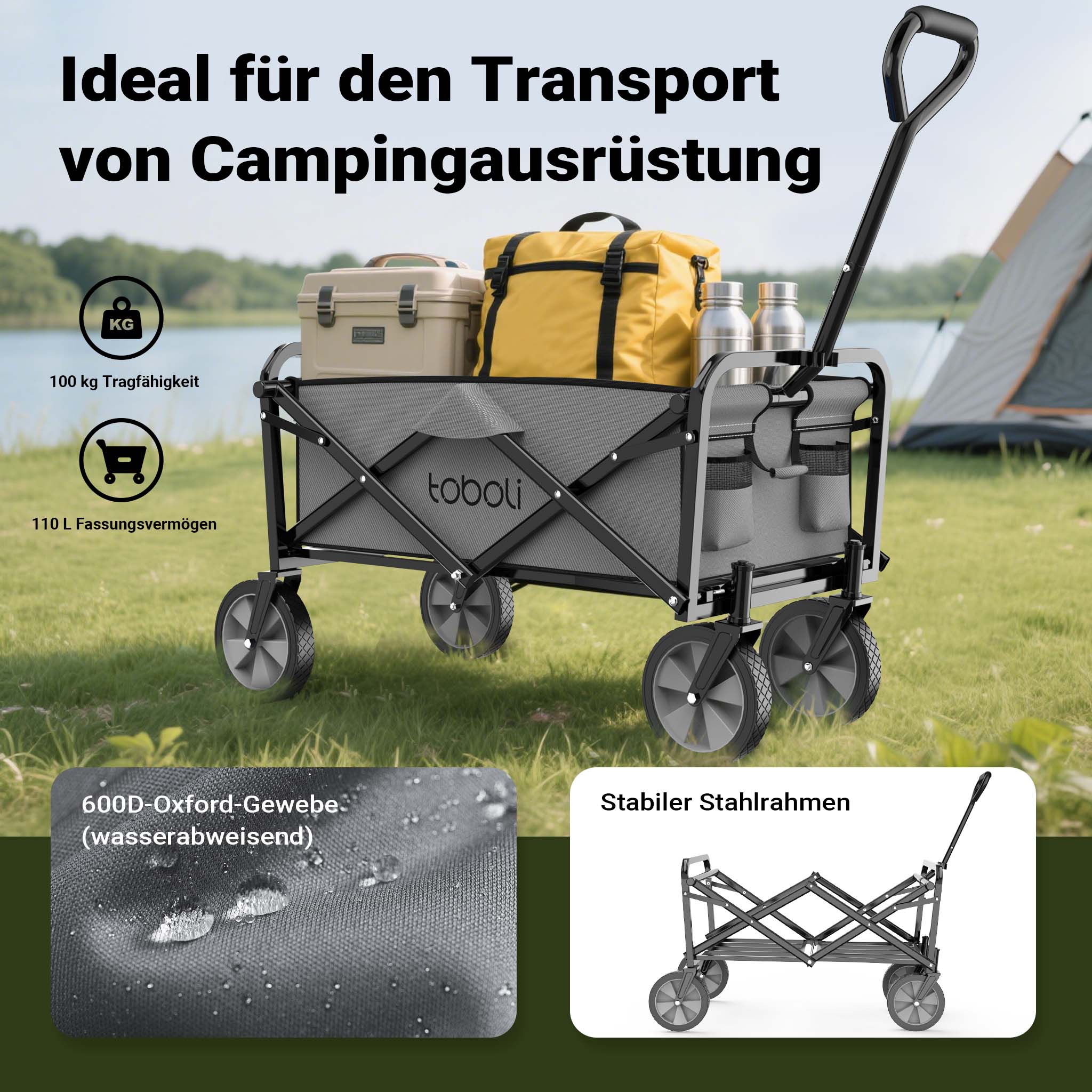 Toboli Carretto a mano pieghevole, max 100 kg, tessuto impermeabile grigio, Carrello spiaggia