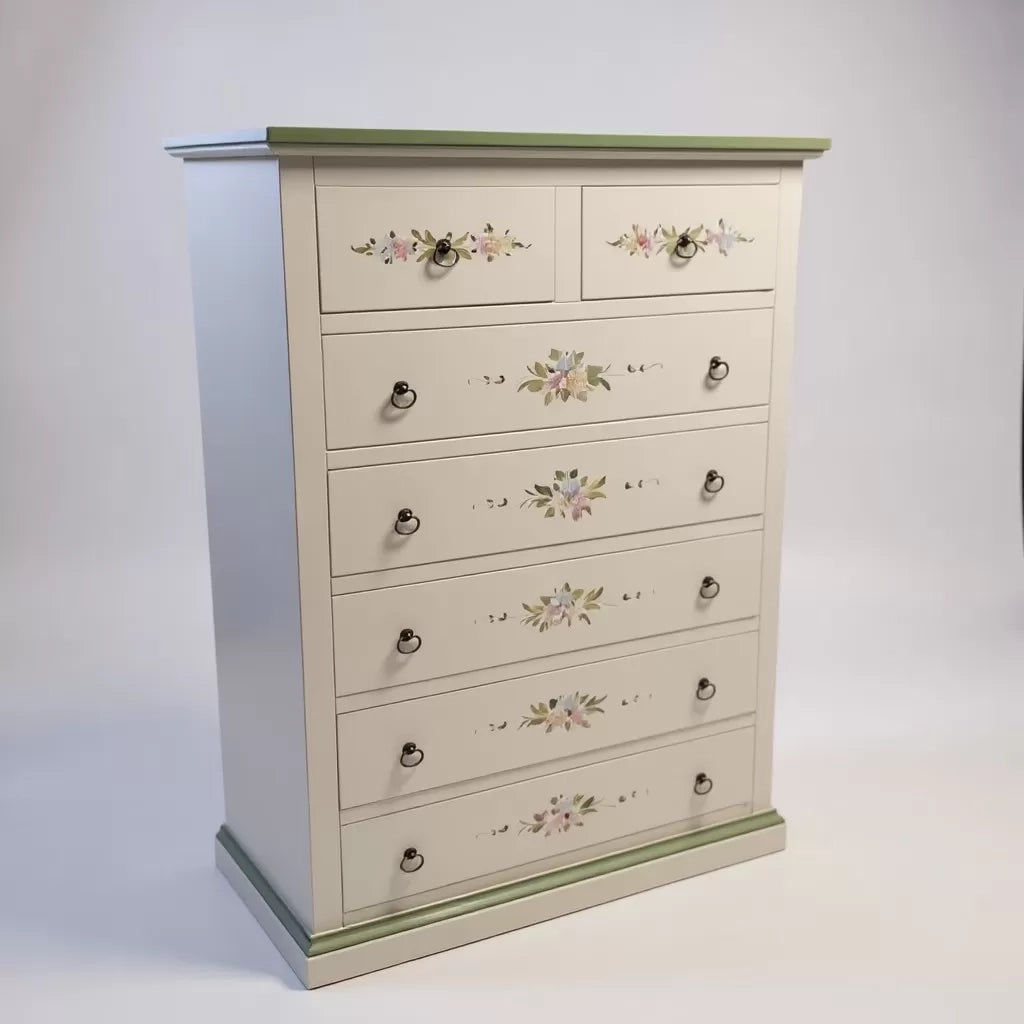 Cassettiera 7 cassetti shabby bianco anticato decorata filo verde 87x40x126 - Mobili 2G