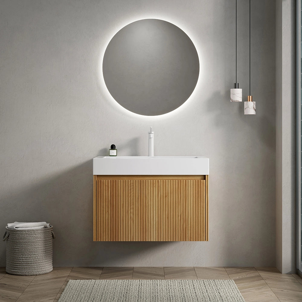 Mobile lavabo a muro - Xylo - 70 cm - Vasque rettangolare in resina bianca, colore legno naturale