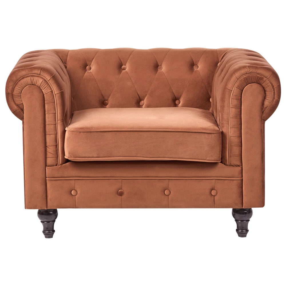Set soggiorno Chesterfield Rivestimento in velluto marrone dorato Gambe nere Divano a 3 posti + poltrona