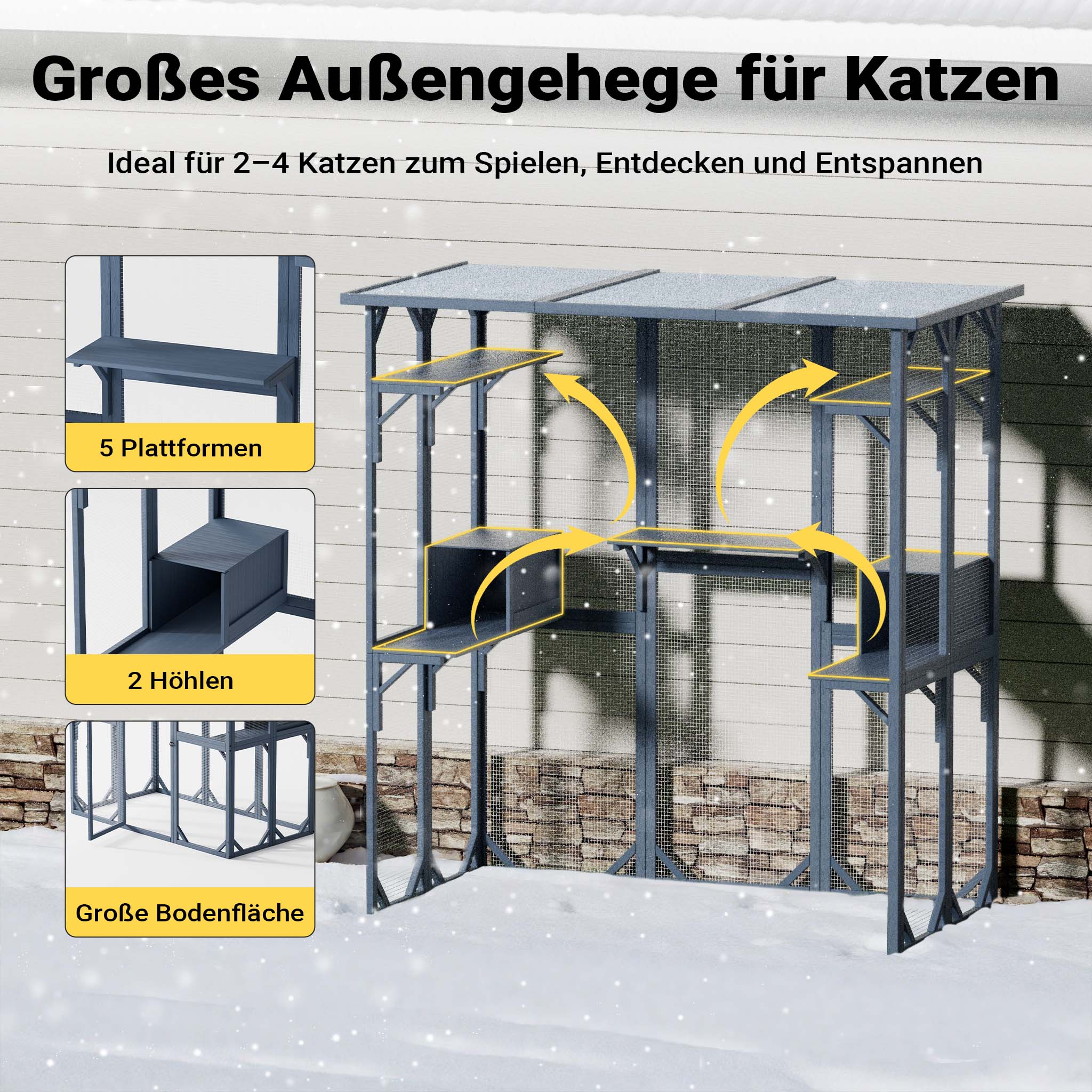 Recinto per gatti da esterno 1705 x 925 x 1810 mm, recinzione antifuga in legno con tetto in asfalto, diversi livelli, per giardino, balcone, terrazzo