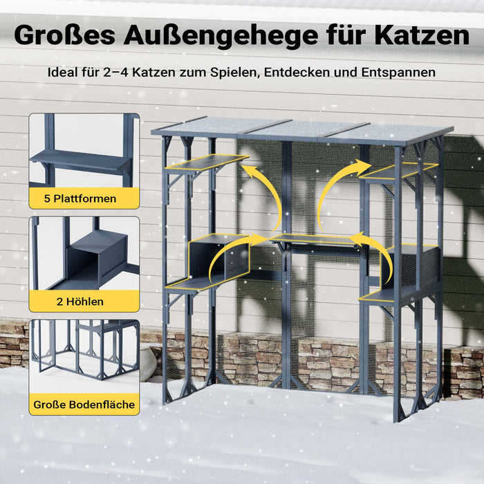 Recinto per gatti da esterno 1705 x 925 x 1810 mm, recinzione antifuga in legno con tetto in asfalto, diversi livelli, per giardino, balcone, terrazzo
