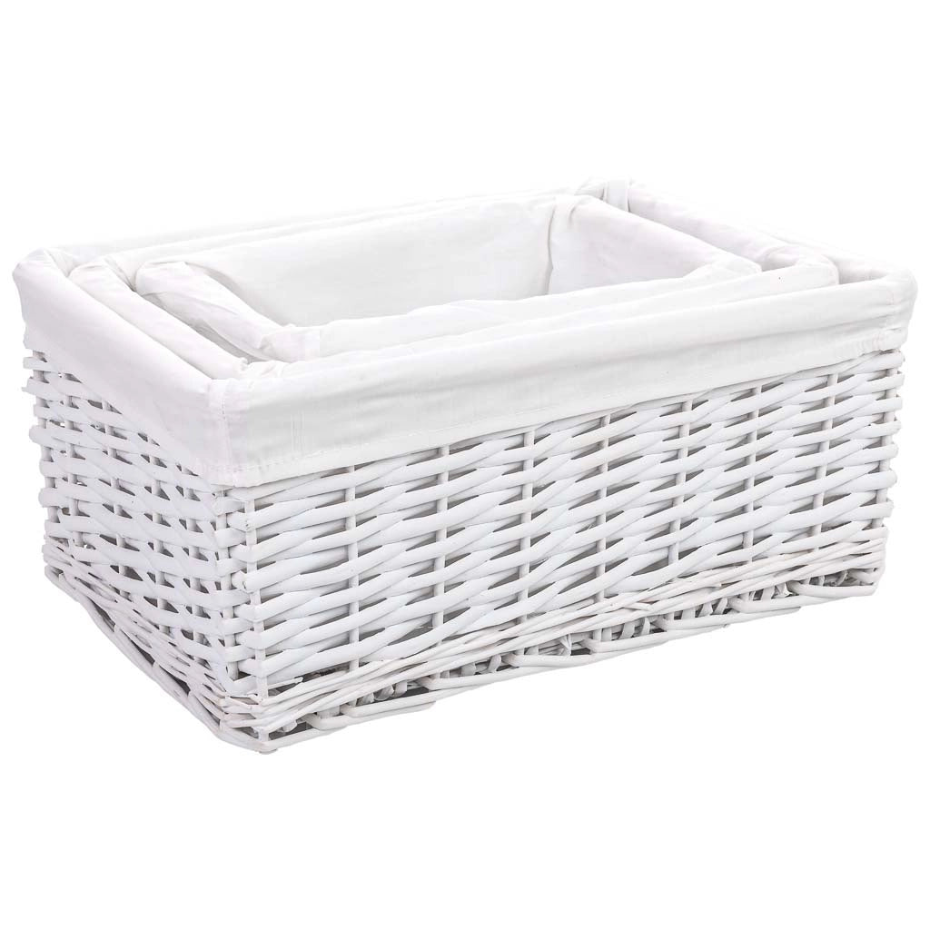 Set di 3 cestini in vimini bianchi: A: 40x28x18 cm, B: 35x23x16 cm, C: 28x18x14 cm