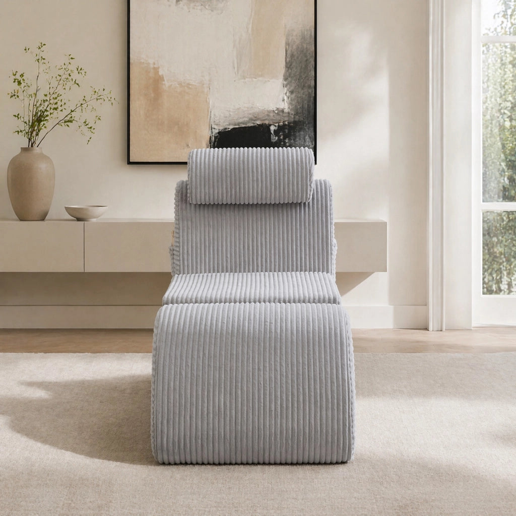 Poltrona singola ergonomica in velluto a coste grigio chiaro; 160x66x90 cm