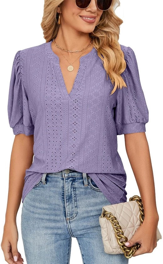 T-shirt femminile con maniche corte e collo V, top casual estivo in lila