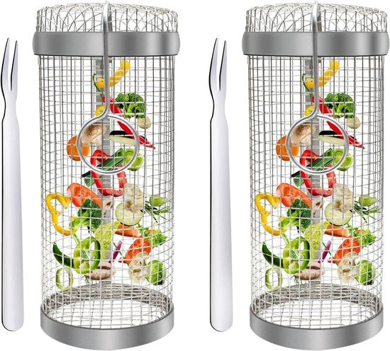 Due griglie per BBQ in acciaio inossidabile con forchetta - per campeggio e picnic - accessori per griglia per verdure, carne e altro - 20x9x9cm