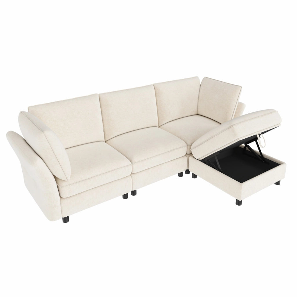 Divano modulare a L con pouf contenitore; 225 x 137 x 84 cm; in chenille beige