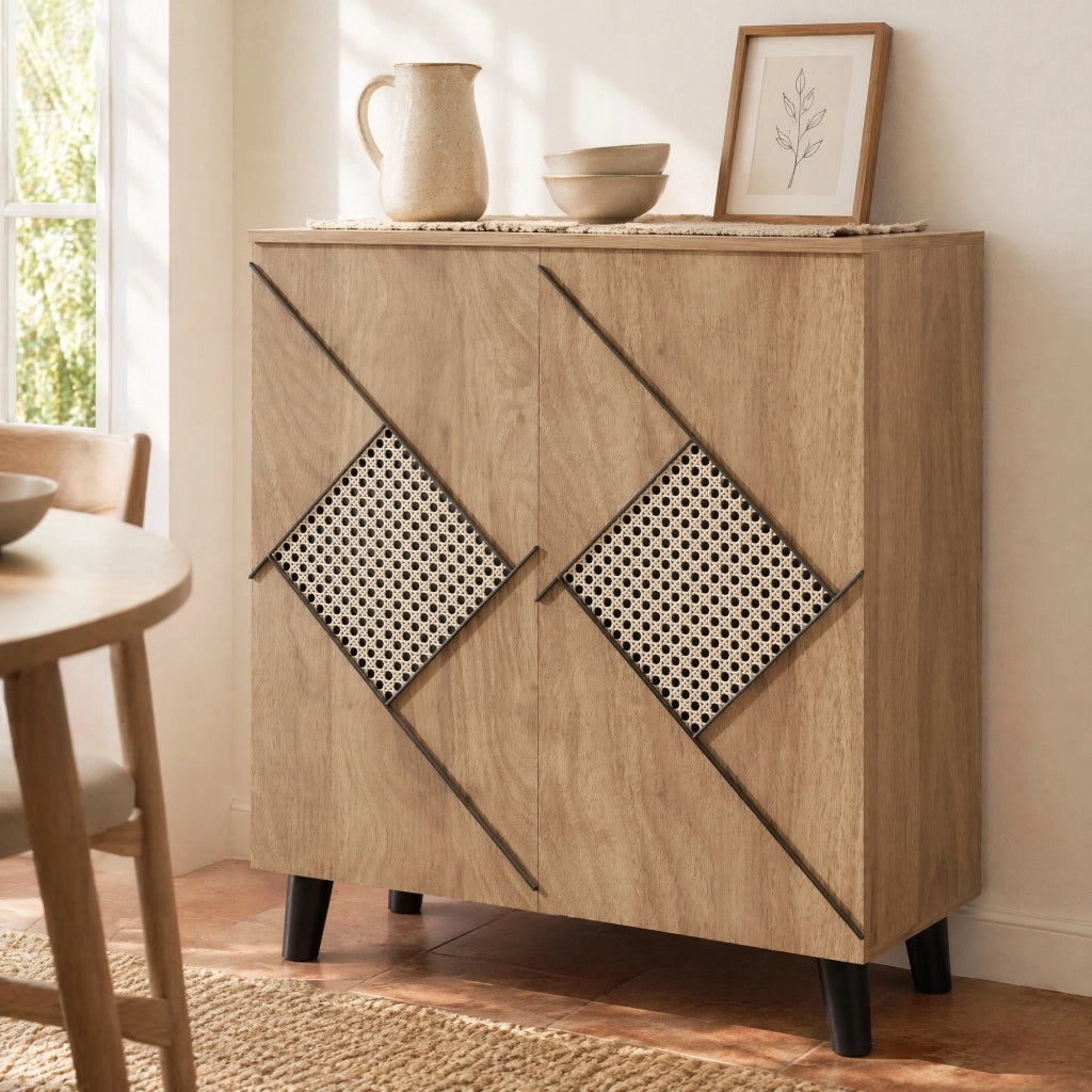 SCARPIERA 80x32x91 cm Effetto legno con motivo rattan, ante chiuse