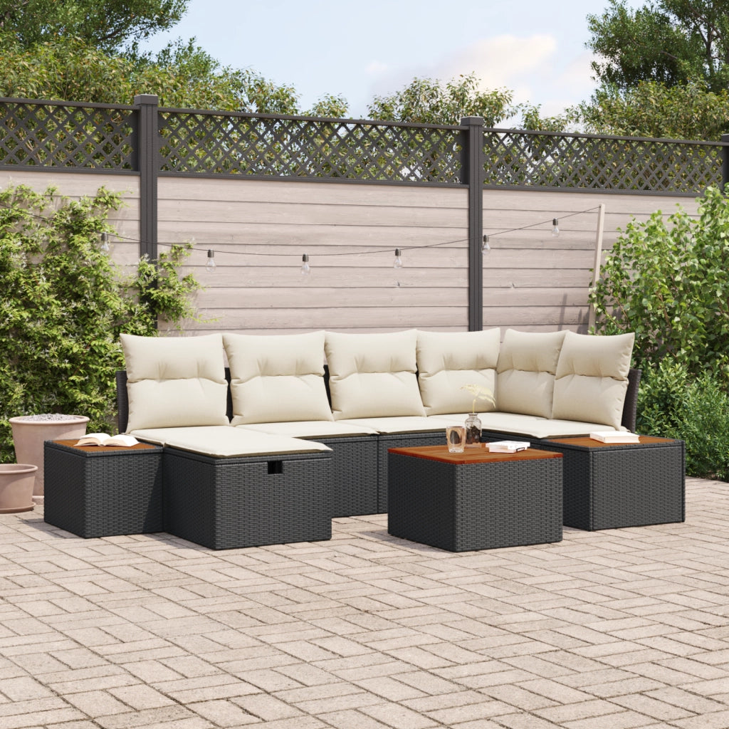 Set Divano da Giardino 7 Pezzi con Cuscini Nero Polyrattan