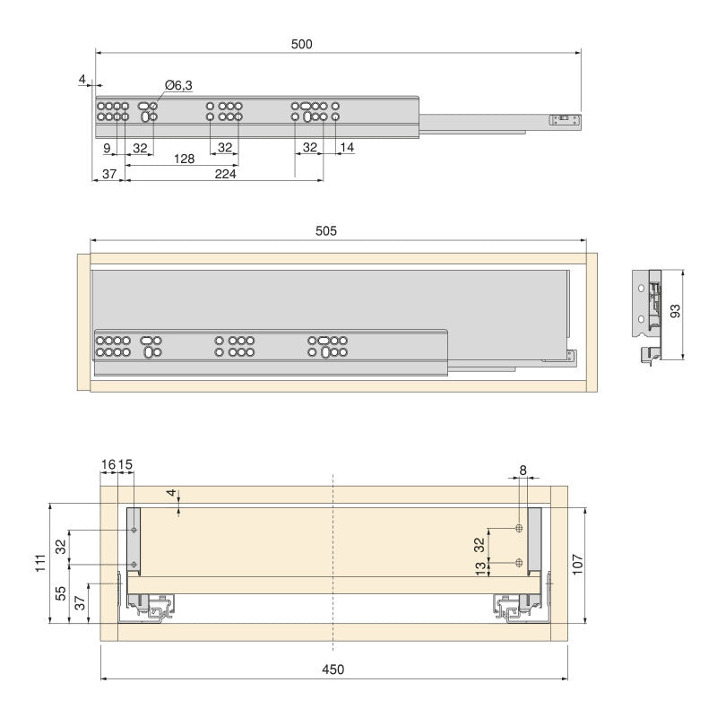 Kit di cassetti per cucina o bagno Vertex con regolazione 3D, altezza 93 mm, con pannelli inclusi, modulo 450 mm, Grig..
