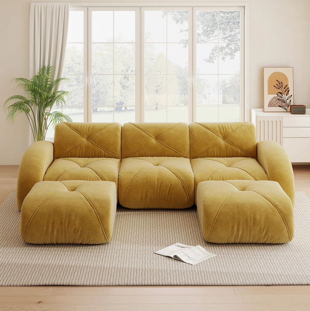 Divano modulare senza struttura in chenille giallo; imbottitura in schiuma 32D e design flessibile