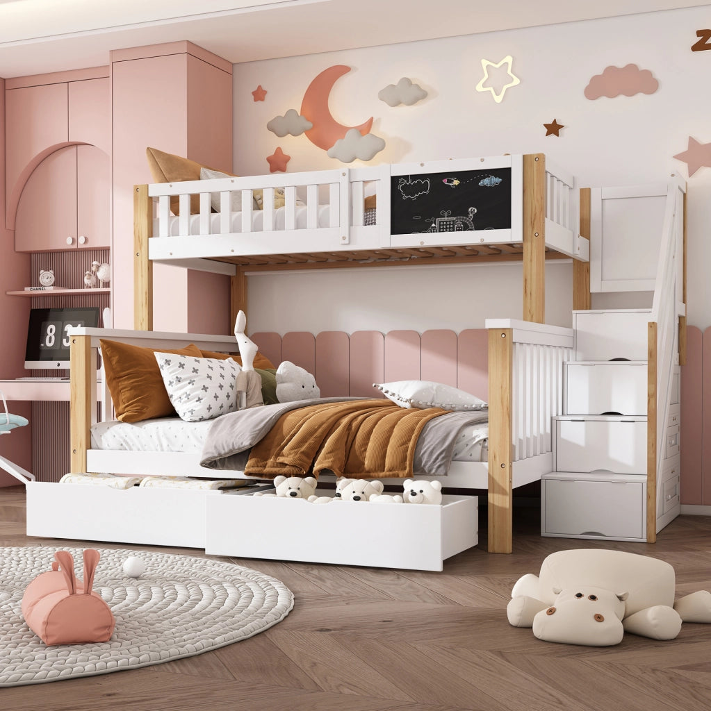 Lettino a castello per bambini con lavagna e cassetti; 90x200 cm; bianco e rovere chiaro