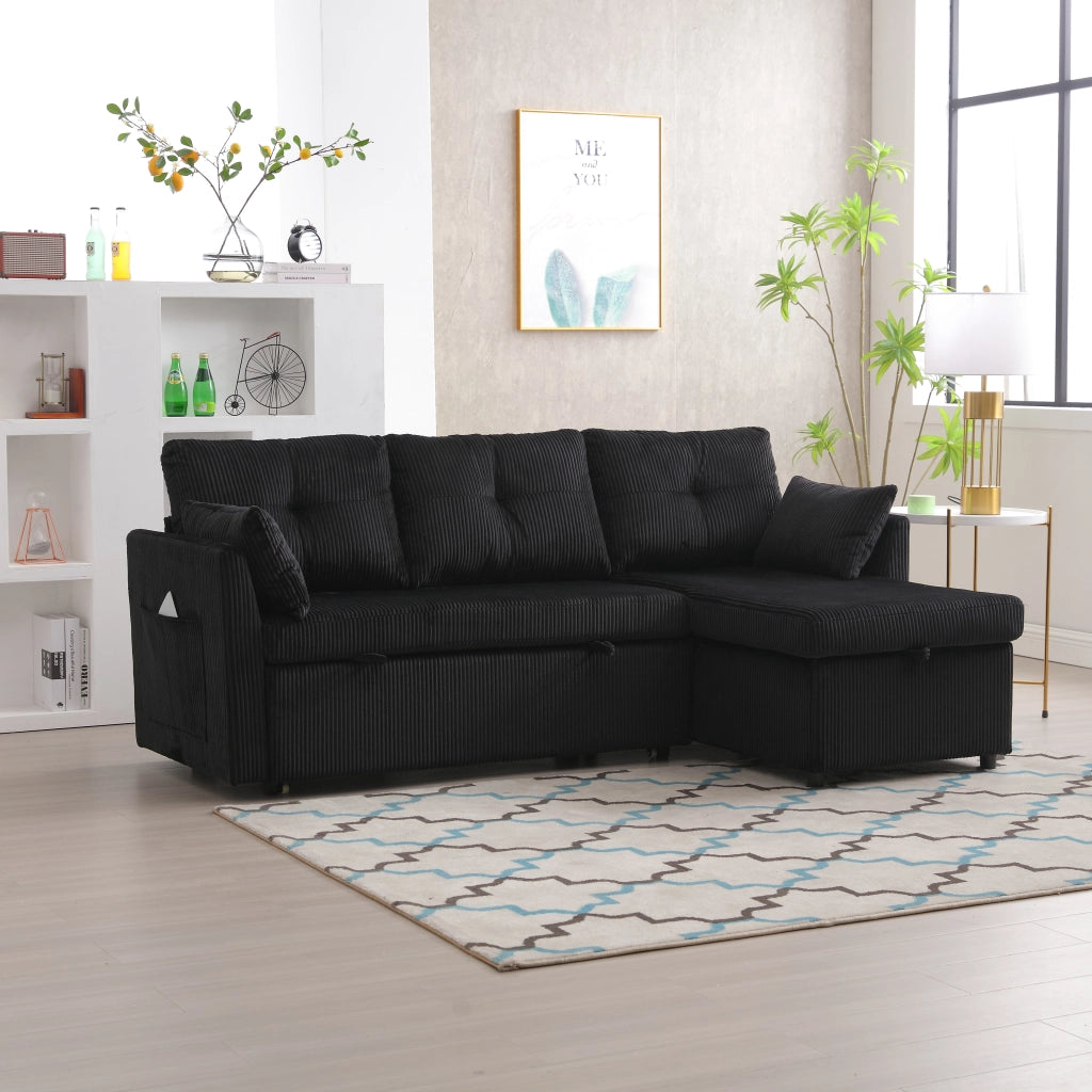 Divano letto modulare con contenitore sedute con tasche laterali e cuscini in tessuto a coste nero 206 × 108 × 66 cm