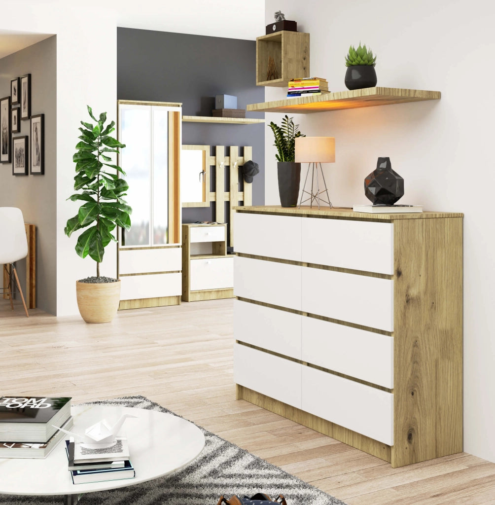 Cassettiera AKORD K120 Quercia Artisan 120 cm 8 cassetti inserto frontale Bianco 120x40x99 cm