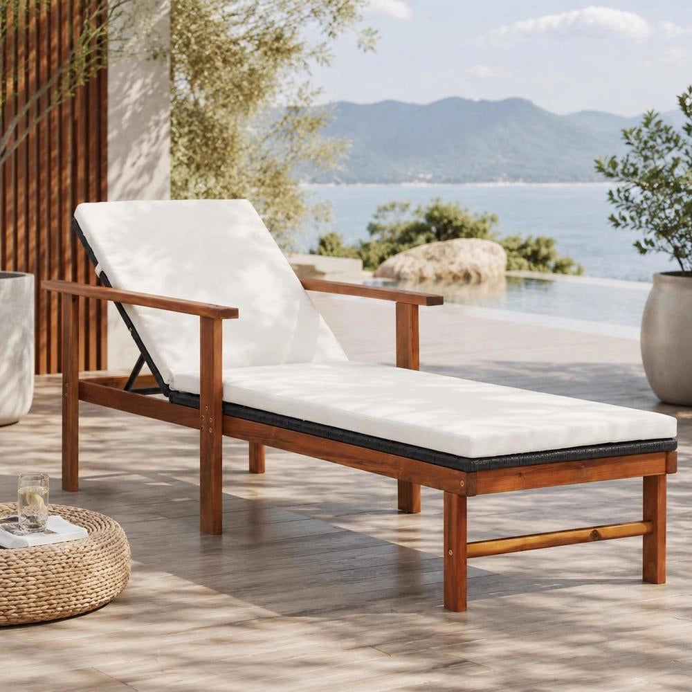 Sun Lounger With Cushion, Poly Rattan, Solid Acacia Wood, Black