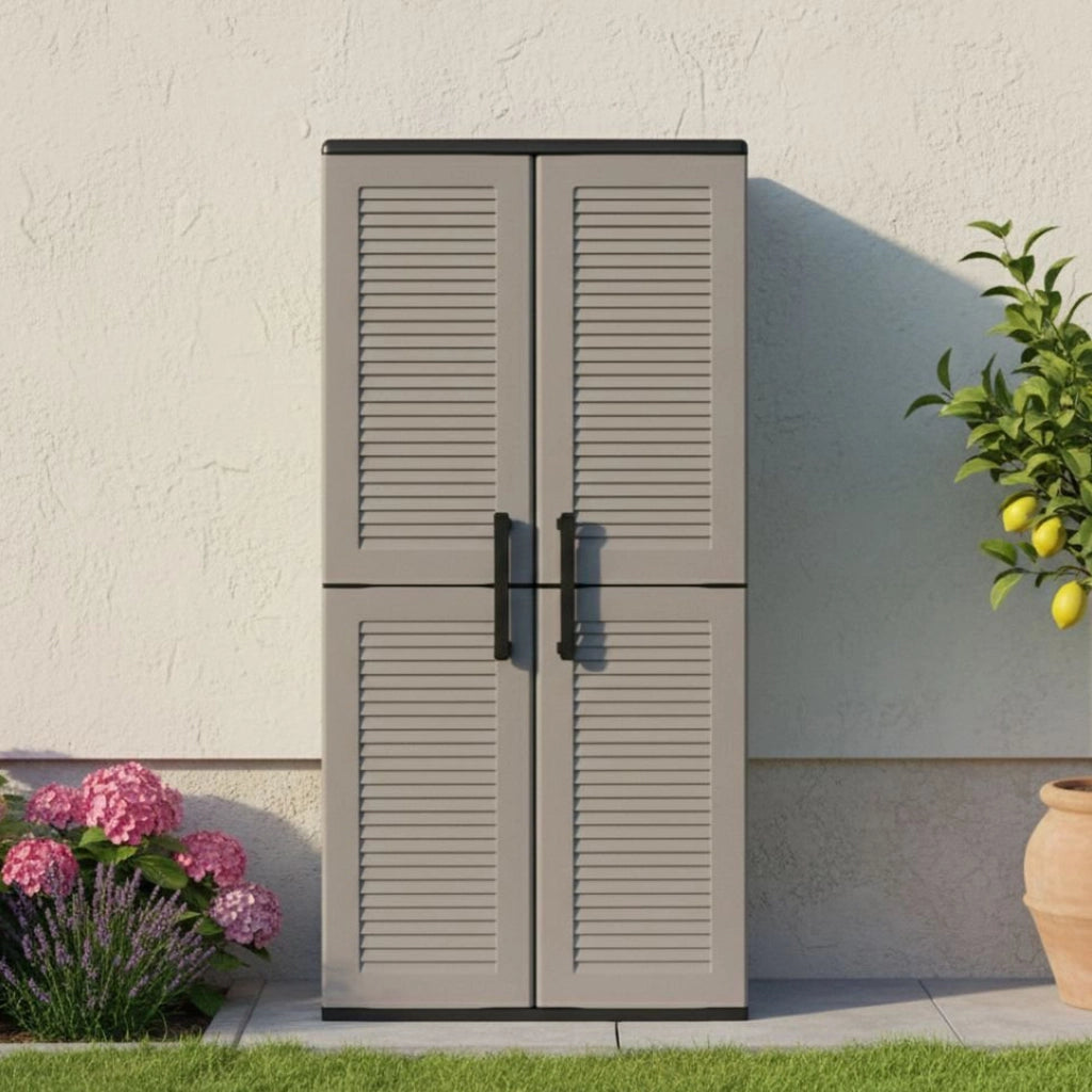 Armadio multiuso da esterno o Akina, Mobile a 2 ante e 3 ripiani regolabili in polipropilene, 100% Made in Italy, cm 68x37h163, colore Grigio