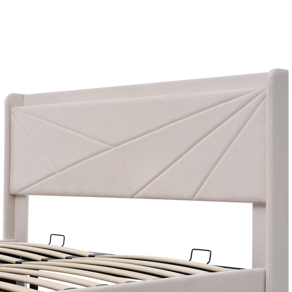 OKWISH Letto Contenitore 160×200 cm, Letto Matrimoniale con USB, Tipo C e Testiera Geometrica, senza Materasso, in Lino Cotone, Beige