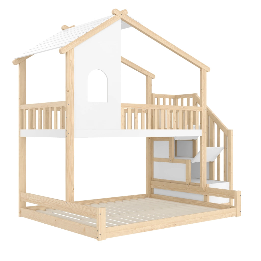 Letto a castello per bambini in legno di pino, 90x200 cm + 140x200 cm, con scala contenitore, Naturale/Bianco
