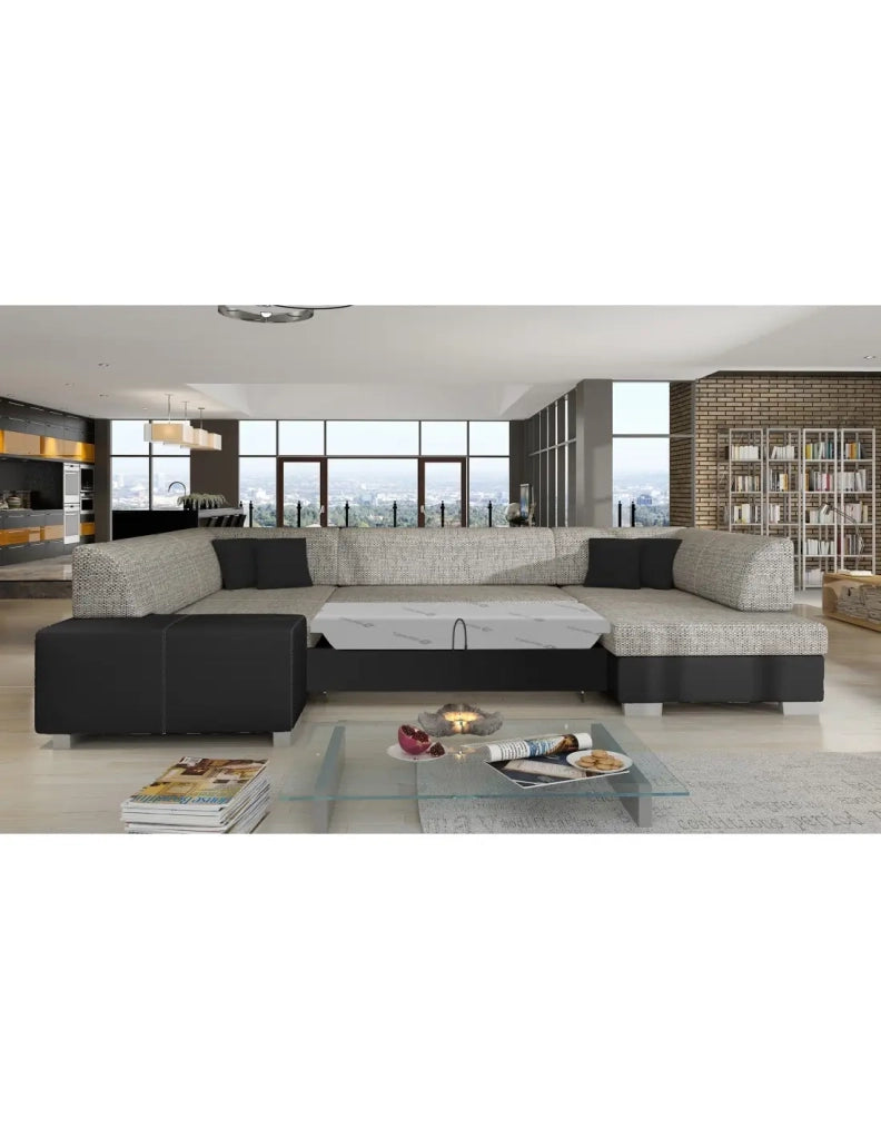 Divano panoramico a U Grigio & Nero convertibile 6 posti HAVANE con contenitore