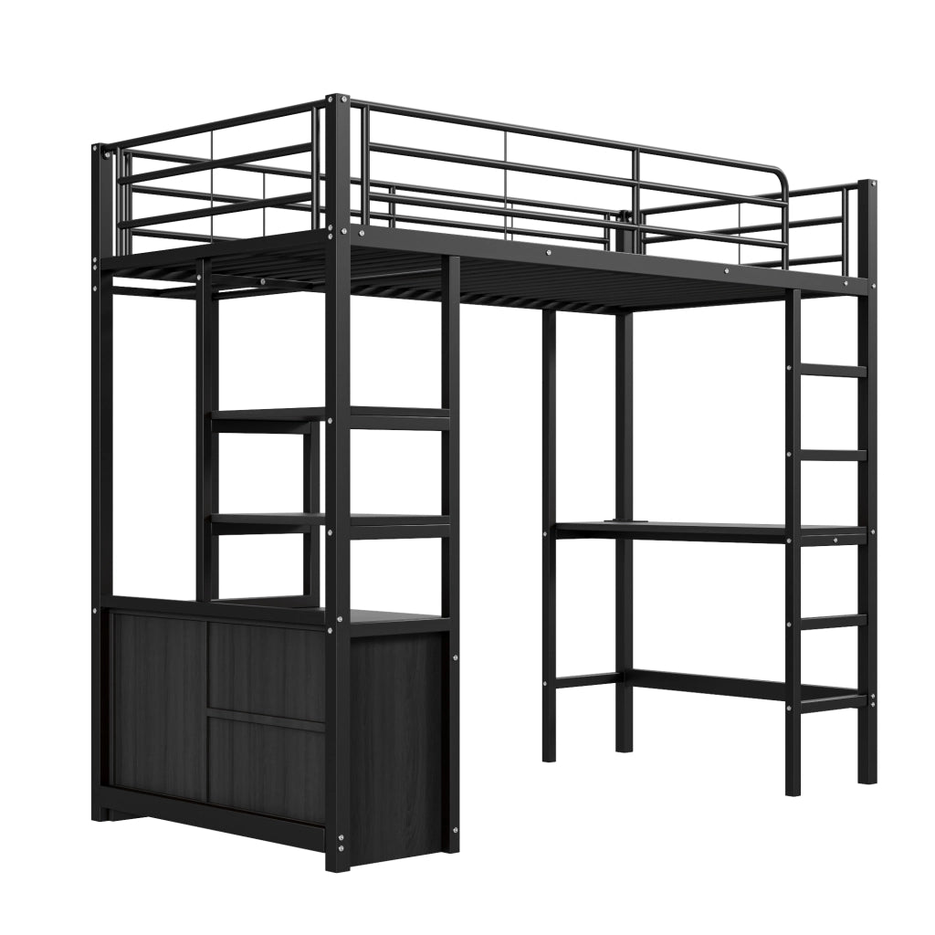 Letto a Soppalco con Scrivania e Ripiani ¨C MINIMAL ¨C Struttura in Metallo Nero 90x200
