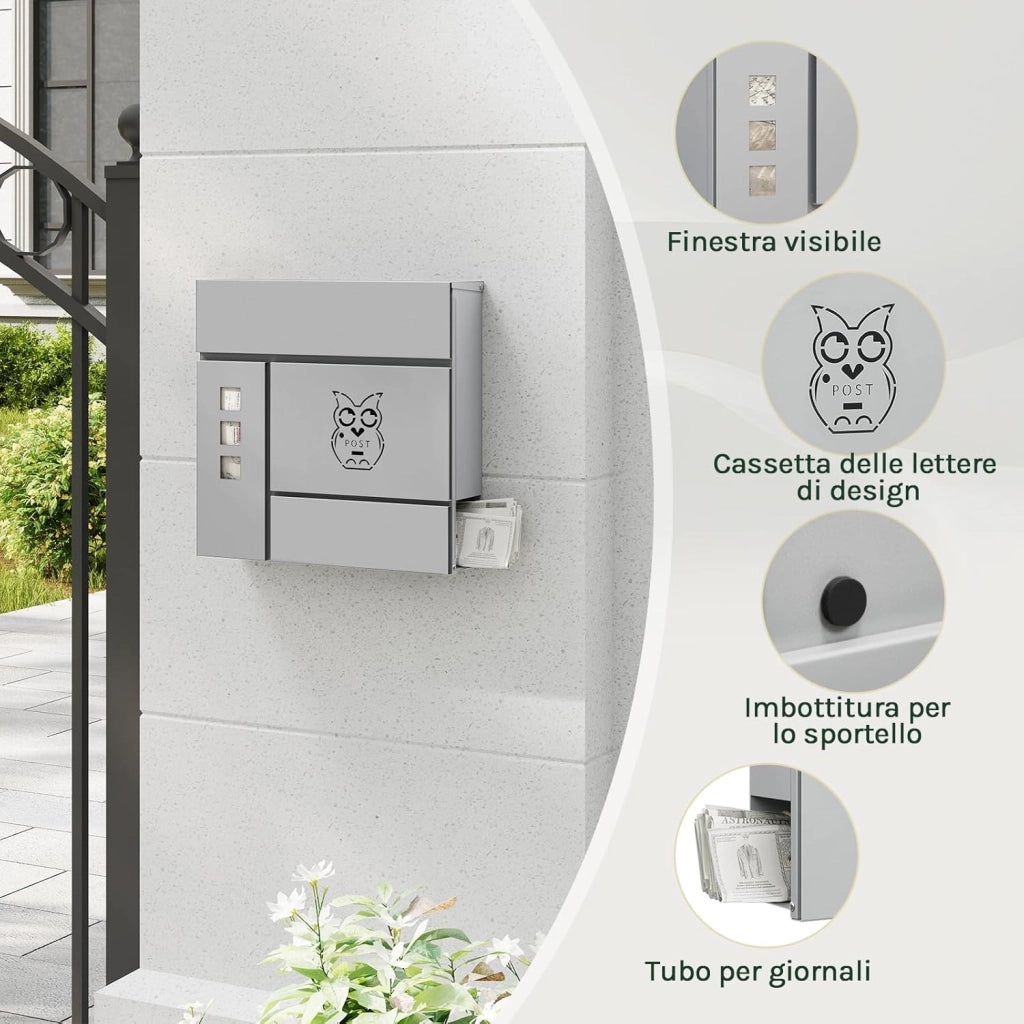 Cassetta per Lettere, con Serratura, Finestre di Visualizzazione, Fessura 33,8x3 cm, Coperchio Incernierato, Scomparto per Giornali, 37x10,5x37 cm, Grigio